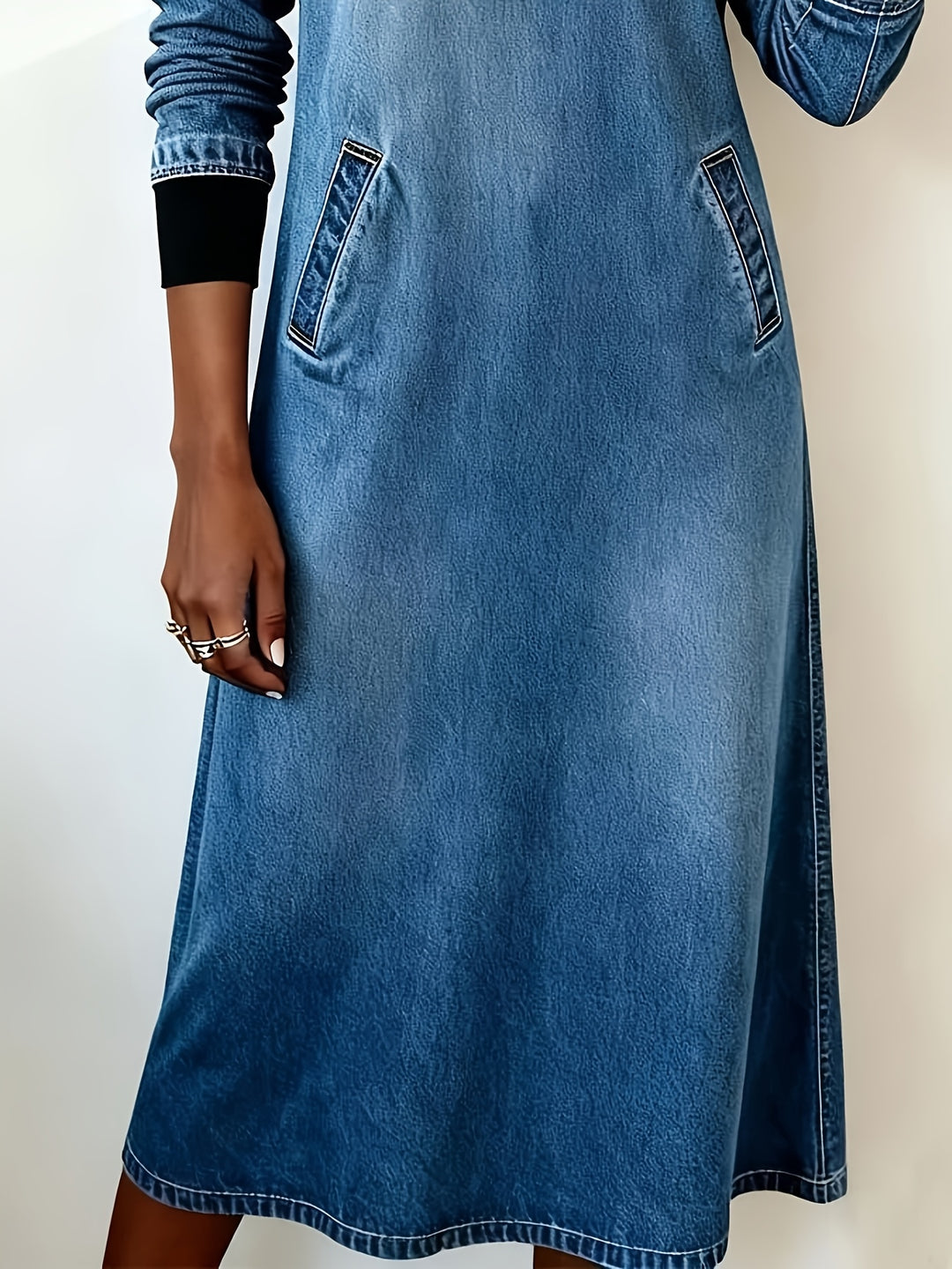 Elegante Retro Midi Jurk met V-Hals & Zakken